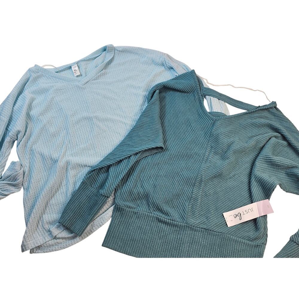 Lot of 2 1X XL guaze thermal knit super stretch sweaters blue teal casual comfy